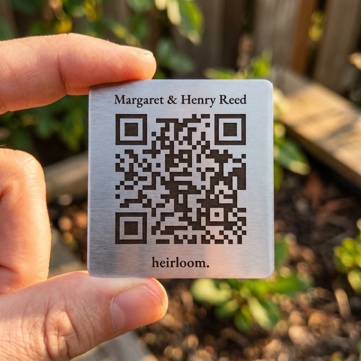 An engraved Heirloom marker for Margaret & Henry Reed, held in hand in a garden — the QR sharp and scannable.
